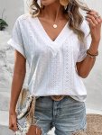 Solid Color V-neck Eyelet T-Shirt Versatile Short Sleeve Top For Spring & Summer Women's Clothing