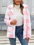 Plaid Print Patched Pockets Teddy Coat Versatile Long Sleeve Single Breasted Winter Outwear Women's Clothing
