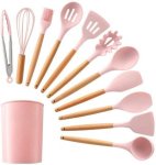 12 Piece Non-stick Silicone Cooking Utensil Set With Natural Wooden Handles - Pink Silicone Cooking Spoon Kitchen Tool Set