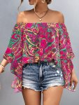 Paisley Print Off Shoulder Blouse Vacation Style Batwing Sleeve Loose Blouse For Spring & Fall Women's Clothing