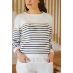 Zinnia Cotton Stripe Crew Knit - White Chartreuse Stripe Demin Tips L