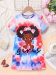 Girl's Tie-dye Cartoon Pattern Underwear Round Neck Short Sleeve Dress Princess Underwear Ideal Summer Gifts