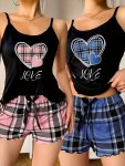 2 Sets Women's Plaid Heart & Letter Print Frill Trim Casual Pajama Set Round Neck Backless Cami Top & Shorts Comfortable Relaxed