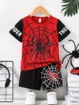 2PCS Boys Trendy Spider And Web Print Comfortable Versatile Short Sleeve T-Shirt & Shorts Set Cool Lightweight And Comfy Summer