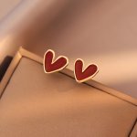 Minimalist Red Heart Design Stud Earrings Simple Cute Style Ear Jewelry Daily Accessory Gift