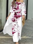 Plus Size Elegant Outfits Two Piece Set Women's Plus Ombre Butterfly Print One Shoulder Three Quarter Sleeve High Low Hem Top &