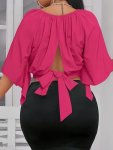 Solid Color Crew Neck Blouse Elegant Short Sleeve Bow Back Split Blouse For Spring & Summer Women's Clothing