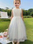 Flower Girl Lace Dress Sleeveless Back V-shaped Bridesmaid Wedding Party Dress For 3-12 Years