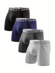 4 Pcs Men's Stylish Sport Belt Sports Long Boxer Briefs Ultra Comfy & Antibacterial & Breathable Underwear Set