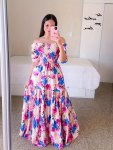 Shirred Floral Print Off Shoulder Dress Elegant Short Sleeve Maxi Dress For Spring & Summer Women's Clothing