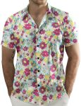 Jogal Men's Flower Casual Short Sleeve Aloha Hawaiian Shirt White Pink Daisy XL