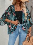 Floral Print Open Front Blouse Vintage 3 4 Sleeve Cover Up Blouse For Spring & Summer Women's Clothing