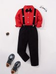 2PCS Boys Formal Gentlemen Outfit Dress Bowtie Shirt & Suspender Pants Set For Party