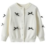 Toddler Kids Girls Cardigan Bow Front School Uniform Long Sleeve Crewneck Sweater Loose Plain White 12-18 Months