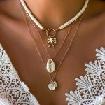 3PCS SET Imitation Shell Scallop Pendant Necklace Bohemian Vacation Style Coconut Trees Charm Decor White Bead Beaded Necklace B