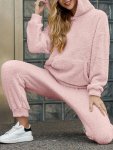 Solid Teddy Two-piece Set Long Sleeve Kangaroo Pocket Hooded Tops & Long Length Warm Pants Outfits Women's Clothing
