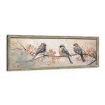 Vintage Bird Framed Wall Art: Rustic Chickadee Wooden Painting Colorful Cute Sparrow Picture Pink Flower Branch Prints Countrysi