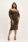 Carmen Off Shoulder Velour Dress - Pinecone - L