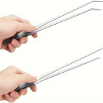 2PCS Stainless Steel Aquarium Tweezers - Long Straight & Curved Tips For Reptile Feeding Water Plant Handling & Terrarium Mainte
