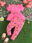 2PCS Infant & Toddler's Lovely Bee Print Casual Set Short Sleeve Peplum Top & Pants Baby Girl's Clothes