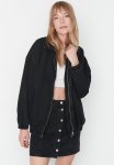 Zippered Oversized Bomber Denim Jacket - Black