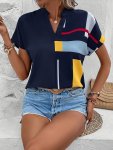 Color Block Notch Neck Blouse Casual Short Sleeve Blouse For Spring & Summer Women's Clothing