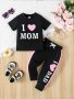 2PCS Baby Girls "i Love Mom" Letter Print Short Sleeve T-Shirt + Jogging Pants Casual Set For Spring And Summer