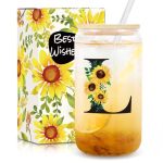 Frerdui Birthday Gifts For Women Initial Glass Cups W Lids And Straws Sunflower Gifts For Women Personalized Gift 16OZ Glass Tum