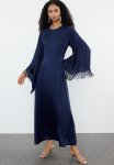 Ostrich Feather Detailed Evening Dress - Navy Blue