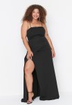 Woven Slit And Slim Adjustable Strap Evening Dress - Black