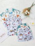 3 Sets Boys Summer Funny Cartoon Printed Satin Pajamas Set Short-sleeved Cardigan Top + Shorts Loungewear Set