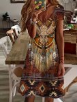 Aztec Print Dress Vintage V Neck Short Sleeve Western Style Dress Women's Clothing