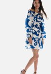 Off-the-shoulder Dress - White & Blue Patterned