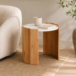 Round Marble Top Acacia Wood Side Table