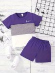2PCS Boys Casual Color Block And Letter Graphic Print Short Sleeve T-shirt&shorts Set Comfy Summer Kids Clothing