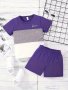 2pcs Boys Casual Color Block And Letter Graphic Print Short Sleeve T-shirt&Shorts Set Comfy Summer Kids Clothing