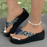 Women's Flower Pattern Flip Flops Casual Clip Toe Platform Shoes Comfortable Summer Beach Shoes