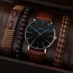 1PC Men's Pu Leather Fashion Sports Business Casual Quartz Watch With 3PCS Bracelets Ideal Choice For Gifts