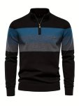 Cotton Knitted Color Block Sweater Men's Casual Warm Slightly Stretch Half Zipper V Neck Pullover Sweater For Men Fall Winter