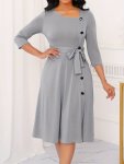 LaCie Lace Up Button Front Dress Elegant Asymmetrical Neck 3 4 Sleeve Dress For Spring & Fall Women's Clothing