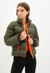 Neon Zipper Detailed Puffer Jacket - Khaki