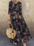 Floral Print V-neck Flowy Dress Vintage 3 4 Sleeve Dress For Spring & Fall Women's Clothing