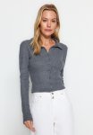 Button Detail Fitted Crop Ribbed Stretch Knitted Blouse - Anthracite