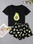 Women's Cute Avocado Print Lounge Set Short Sleeve Round Neck Top & Shorts Comfortable Relaxed Fit