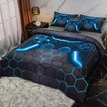 Keyroal 6PCS Game Console Comforter Set With Sheets For Boys Girls Kids Teens Geometric Gaming Themed Bed In A Bag Twin Size Blu