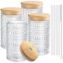 Vintage Hobnail Drinking Glasses With Bamboo Lid & Glass Straw - 500ML - 4 Pack