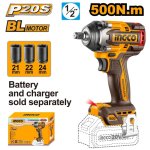 Ingco 20V Bl Cordless 1 2" Sq. Dr. Impact Wrench 500NM Solo Unit CIWLI20501