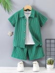 2PCS Boys Casual Solid Color Short Sleeve Lapel Shirt & Shorts Set Comfy Summer Boys Clothing