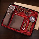 6PCS SET Mens Pu Business Casual Watch & Glasses Wallet Belt Set