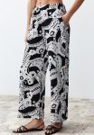 Patterned Kimono Trousers Woven Bottom & Top Set - Black